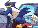  anthro avian bird blood bodily_fluids bottomwear bottomwear_down butt canid canine clothed clothing eyewear falco_lombardi fox fox_mccloud goggles hi_res male mammal nintendo nosebleed pants pants_down partially_clothed skip_(skipperz) skipperz star_fox video_games 