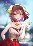  1girl :d atelier_(series) atelier_sophie bare_arms bare_shoulders blurry blurry_background breasts brown_eyes brown_hair chibi_vanille commentary_request confetti day depth_of_field hand_up head_scarf highres looking_at_viewer outdoors pleated_skirt red_skirt shirt skirt small_breasts smile solo sophie_neuenmuller tree v white_shirt 