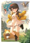  1girl artist_name backpack bag bare_legs baseball_cap belt belt_buckle bidoof black_footwear black_hair black_headwear blue_eyes blue_sky border buckle cloud day dress grass grin gyarados harutari hat highres hololive jacket jumping long_sleeves oozora_subaru open_clothes open_jacket outdoors pokemon sky sleeves_past_wrists smile staravia tree virtual_youtuber white_belt white_border white_dress yellow_jacket 