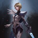  1girl absurdres armor bangs black_background black_bodysuit black_gloves black_legwear black_lips blonde_hair bodysuit closed_mouth clothing_request commentary_request confetti cowboy_shot fiora_(league_of_legends) gloves gradient gradient_background half-closed_eyes highres holding holding_weapon ig_fiora lan_xiezi league_of_legends looking_at_viewer official_alternate_costume rapier short_hair shoulder_armor solo sword weapon 