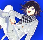  1boy :d bangs black_hair blue_background buttons checkered_clothes checkered_scarf commentary_request danganronpa_(series) danganronpa_v3:_killing_harmony double-breasted from_side grey_jacket jacket kotneciii long_sleeves looking_at_viewer ouma_kokichi pants purple_eyes scarf shiny shiny_hair smile solo teeth upper_teeth white_pants 