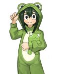  1girl :&gt; absurdres animal_costume asui_tsuyu bangs black_eyes boku_no_hero_academia commentary dark_green_hair english_commentary frog_costume hair_between_eyes highres hood hood_up long_sleeves looking_at_viewer simple_background smile solo sookmo stuffed_animal stuffed_frog stuffed_toy white_background 