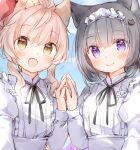  2girls :d animal_ear_fluff animal_ears bangs black_hair black_ribbon blue_sky bow brown_eyes cat_ears cat_hair_ornament closed_mouth cloud commentary day dress eyebrows_visible_through_hair fang hair_between_eyes hair_bow hair_ornament hairclip hand_up juliet_sleeves komugi_(wataame27) long_sleeves multiple_girls name_tag neck_ribbon original outdoors pink_hair puffy_sleeves purple_eyes red_bow ribbon sky smile upper_body wataame27 white_dress wolf-chan_(wataame27) wolf_ears 