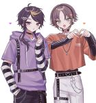  2boys alternate_costume belt black_belt black_choker black_collar black_hair blue_eyes brown_hair choker collar detached_sleeves fashion finger_heart hand_in_pocket heart heart_hands highres hood hoodie jewelry looking_at_viewer male_focus multicolored_hair multiple_boys mysta_rias necklace nijisanji nijisanji_en orange_hair orange_shirt pants purple_hair purple_hoodie py_(py00000o) shirt shu_yamino streaked_hair white_background white_pants 