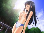  1girl aoyama_motoko bangs bikini bikini_bottom_only black_hair blue_eyes blunt_bangs breasts dutch_angle long_hair love_hina medium_breasts navel nipples non-web_source parted_lips railing sidelocks solo swimsuit tadano_akira topless 