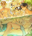  6+boys alcohol arm_on_shoulder arm_tattoo bangs black_hair blonde_hair blush bottle chest_tattoo closed_eyes closed_mouth completely_nude green_hair hand_tattoo looking_at_viewer male_focus monkey_d._luffy multiple_boys naked_towel navel nipples nude one_piece open_mouth partially_submerged portgas_d._ace runa_(artist) sabo_(one_piece) sake sake_bottle sanji sideburns smile tattoo thick_thighs thighs toned toned_male tony_tony_chopper towel trafalgar_law usopp water 