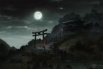  cinkai cloud cloudy_sky commentary_request full_moon lantern moon night no_humans original outdoors scenery shrine sky stairs torii tree 