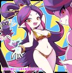  1girl animal_print benzaiten_(youkai_watch) bikini blush bracelet breasts chibi electricity eyeshadow fangs guitar hair_ornament instrument jewelry leopard_print makeup multicolored_hair musical_note nollety open_mouth pink_hair pointy_ears purple_hair swimsuit two-tone_hair yellow_eyes youkai_watch 