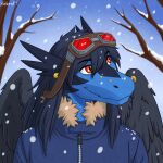  anthro black_body black_feathers black_hair blue_body clothing coat dragon eyewear facial_piercing feathered_dragon feathered_wings feathers goggles hair hi_res male nameless00 nose_piercing piercing portrait red_eyes shi&#039;ran_z&#039;yon snow solo topwear windragon wings 