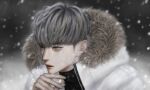  1boy blurry blurry_background from_side fur_collar grey_hair highres hwan jacket looking_afar male_focus original realistic short_hair snow snowing upper_body white_jacket yellow_eyes 