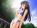  1girl aoyama_motoko bangs bikini black_hair blue_bikini blue_eyes blunt_bangs breasts dutch_angle long_hair love_hina medium_breasts navel non-web_source parted_lips railing sidelocks solo swimsuit tadano_akira 