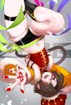  1girl 2016 ahoge arm_behind_head bangs black_footwear black_shorts body_blush bodypaint boots brown_hair chinese_zodiac cropped_jacket crown detached_collar facepaint fangs feet_out_of_frame fur_trim gold_trim gradient gradient_background green_ribbon grey_background highres jacket knee_boots leg_up long_sleeves looking_at_viewer midriff monkey_tail open_mouth orange_jacket original outstretched_hand parted_bangs perspective pink_ribbon purple_ribbon red_headwear red_shirt ribbon shirt short_hair shorts shou_(hanasakukoroni) solo symbol-shaped_pupils tail tareme teeth thigh_strap tomboy upside-down uvula year_of_the_monkey 