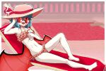  1girl bat_wings beach_chair blood blue_hair diving_board fangs frills glowing glowing_eyes hands_on_own_head hat highres mansion navel pool pool_of_blood red_eyes relaxing remilia_scarlet smoothie sun_hat sunglasses swimsuit touhou user_rzmd5258 window wings 