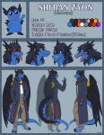  absurd_res anthro black_body black_feathers black_hair black_wings blue_body bottomwear clothing dragon eyewear facial_piercing feathered_dragon feathered_wings feathers footwear furgonomics furry-specific_piercing goggles hair hi_res jacket male model_sheet nameless00 nose_piercing orange_eyes pants piercing purple_eyes shi&#039;ran_z&#039;yon solo standing tongue tongue_out topwear windragon wing_piercing wings 