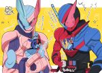  1010_mumumu 4boys animal_hood arguing blue_armor blue_eyes boxing_gloves build_driver bunny compound_eyes crossover gloves ground_vehicle heterochromia highres hood kamen_rider kamen_rider_build kamen_rider_build_(series) kamen_rider_cross-z kamen_rider_revi kamen_rider_revice kamen_rider_vice kangaroo_genome military military_vehicle motor_vehicle multiple_boys pink_armor pink_gloves pouch rabbit+tank_form red_armor red_eyes tank trait_connection translation_request 