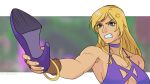  1girl anger_vein blonde_hair blue_eyes bracelet breasts cleavage highres holding holding_shoes jenet_behrn jewelry long_hair mark_of_the_wolves shoes the_king_of_fighters the_king_of_fighters_xv upper_body wallace_pires 