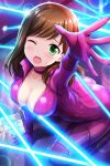  1girl absurdres alternative_girls ass bodysuit breasts brown_hair cleaver eyebrows_visible_through_hair green_eyes highres hirose_koharu indoors large_breasts laser long_hair looking_at_viewer official_art one_eye_closed open_hand open_mouth pink_bodysuit sitting solo 