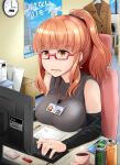  1girl blush breasts clock coffee coffee_mug cup desk eyebrows_visible_through_hair girls_und_panzer glasses highres id_card indoors kitayama_miuki large_breasts long_hair monster_energy mug office office_lady on_desk open_mouth orange_eyes orange_hair ponytail ribbed_sweater shiny shiny_hair sleeveless solo sweater takebe_saori typing 