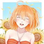  1girl :d ^_^ ahoge bangs bare_shoulders bikini blush breasts cleavage closed_eyes collarbone deepseaeidolon eyebrows_visible_through_hair facing_viewer fate/grand_order fate_(series) flower fujimaru_ritsuka_(female) hair_between_eyes hair_ornament hair_scrunchie halterneck long_hair medium_breasts open_mouth orange_bikini orange_hair petals scrunchie shiny shiny_hair side_ponytail smile solo striped striped_bikini sunflower swimsuit upper_body yellow_flower yellow_scrunchie 