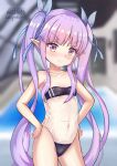  1girl absurdres artist_name bare_shoulders blush elf gris_swimsuit hands_on_hips highres indoors kyouka_(princess_connect!) long_hair meme_attire navel one-piece_swimsuit pointy_ears pool pout princess_connect! purple_eyes purple_hair rei_no_pool ribbon saltywetspirit see-through solo swimsuit twintails very_long_hair 