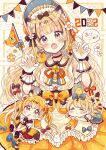  2022 3girls :o :t absurdres animal_ears apron bell black_choker blonde_hair blue_bow blue_skirt blush bow brown_eyes brown_hair center_frills checkered_background chibi chinese_zodiac choker closed_eyes closed_mouth collared_shirt commentary_request egasumi fang flower frilled_apron frilled_skirt frills gloves hair_bow hair_flower hair_ornament head_tilt highres jingle_bell long_hair mouth_hold multicolored_hair multiple_girls open_mouth orange_skirt original parted_lips pennant pink_flower pleated_skirt red_flower red_skirt revision sakura_oriko shirt skirt sleeping streaked_hair string_of_flags striped_tail tail tiger_ears tiger_girl tiger_tail translated twintails very_long_hair waist_apron white_apron white_flower white_gloves white_shirt year_of_the_tiger 