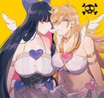  2girls ahoge armlet arms_at_sides bangs bare_shoulders black_hair blonde_hair blue_bow blue_eyes blunt_bangs bow breasts check_commentary choker colored_inner_hair commentary_request condom corset dyed_bangs ear_piercing earrings hair_between_eyes hair_bow heads_together heart highres huge_breasts jewelry long_hair looking_at_viewer mayana_(bbpp) mouth_hold multicolored_hair multiple_girls navel panty_&amp;_stocking_with_garterbelt panty_(psg) piercing pink_hair sidelocks skull_and_crossbones sleeveless stocking_(psg) underbust upper_body very_long_hair white_wings wings yellow_background 