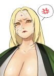  1girl anger_vein angry blonde_hair breasts brown_eyes cleavage cum facial facial_mark forehead_mark furrowed_brow guataiguatai highres lipstick long_hair looking_at_viewer looking_down makeup naruto_(series) open_clothes orange_eyes sidelocks simple_background tsunade_(naruto) white_background 