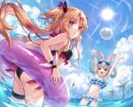  2girls :d animal_ears armpits arms_up ass bikini black_bikini blonde_hair blue_bow blue_hair blue_sky bow breasts character_request cloud collarbone cowboy_shot day eyebrows_visible_through_hair floating_hair frilled_bikini frills groin hair_bow hair_intakes highres iku2727 innertube long_hair multiple_girls navel ocean open_mouth outdoors palm_tree rabbit_ears red_bow red_eyes side-tie_bikini sky small_breasts smile standing summer sun swimsuit thigh_strap tied_hair tree twintails very_long_hair wading white_bikini yellow_eyes 