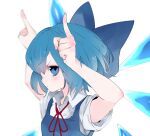  1girl blue_bow blue_dress blue_eyes blue_hair bow cirno dress ice ice_wings ikurauni looking_at_viewer red_ribbon ribbon short_hair solo touhou wings 