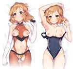  1girl blonde_hair blue_swimsuit blush bodysuit breasts cameltoe clothes_pull collarbone elbow_gloves gloves hair_ornament hairclip highres large_breasts looking_at_viewer lying minutachi multiple_views navel nipples on_back scar senki_zesshou_symphogear shiny shiny_hair shiny_skin short_hair sleeveless swimsuit swimsuit_pull tachibana_hibiki_(symphogear) torn_bodysuit torn_clothes white_gloves yellow_eyes 