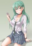  1girl alternate_costume anti_(untea9) aqua_eyes aqua_hair breast_pocket breasts cellphone choker cleavage earrings gradient gradient_background green_background green_necktie grey_choker grey_shirt hair_ornament hairclip highres jewelry kantai_collection large_breasts long_sleeves looking_at_viewer necktie open_clothes open_shirt phone plaid plaid_skirt pocket school_uniform shadow shirt sitting skirt smartphone solo suzuya_(kancolle) watch white_shirt wristwatch 