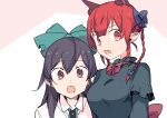  2girls :o akuma animal_ear_fluff animal_ears back_bow bangs black_hair black_legwear blue_bow blunt_bangs bow bowtie braid breasts brown_eyes cat_ears cat_tail center_frills clenched_hands dress extra_ears fang frills furrowed_brow green_bow green_dress hair_between_eyes hair_bow highres kaenbyou_rin long_hair long_sleeves looking_at_viewer multiple_girls open_mouth parted_lips pointy_ears red_bow red_bowtie red_eyes red_hair reiuji_utsuho shirt simple_background small_breasts tail thighhighs thighs touhou twin_braids twintails upper_body v-shaped_eyebrows white_background white_shirt wing_collar 