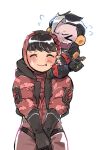  &gt;_&lt; 1boy 1girl apex_legends black_bodysuit black_gloves black_hair black_jacket blush bodysuit chibi closed_eyes crypto_(apex_legends) deadly_byte_crypto fang fang_out fingerless_gloves gloves grey_hair hood hooded_jacket husagin jacket multicolored_hair official_alternate_costume red_jacket sitting_on_shoulder smile streaked_hair sweatdrop vampire wattson_(apex_legends) winged_menace_wattson 