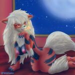  anthro arcanine bed blubluumon breasts butt claws fangs female fire fluffy fluffy_tail furniture genitals hi_res kneeling light looking_at_viewer moon moonlight neck_tuft nintendo nipples paws pok&eacute;mon pok&eacute;mon_(species) pussy raised_arm solo tuft video_games 