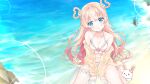  1girl arm_support bangs beach between_legs bikini blonde_hair blue_eyes blush braid breasts bunny caron_(straycat910) cleavage collarbone day flower frilled_bikini frills hair_flower hair_ornament halterneck hand_between_legs leg_garter long_hair long_sleeves looking_at_viewer medium_breasts navel ocean off_shoulder open_mouth original sand sitting solo swimsuit very_long_hair wariza white_bikini 