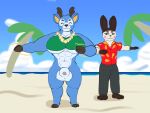  2021 abs animal_crossing anthro antlers balls bam_(animal_crossing) beach big_balls big_penis blue_body blue_fur bottomless brown_body brown_fur cervid clothed clothing dancing digital_drawing_(artwork) digital_media_(artwork) duo eyes_closed fur genitals genji_(animal_crossing) happy horn lagomorph lei leporid male mammal muscular muscular_male nintendo palm_tree penis plant rabbit seaside smile standing thick_thighs tree vezerem video_games white_body white_fur 