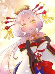  1girl colored_tips crescent highres japanese_clothes looking_at_viewer madoromine multicolored_hair nail_polish nyacotto pale_skin purple_hair seventh_happiness silver_hair smile solo traditional_clothes virtual_youtuber yellow_eyes 