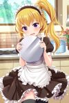  1girl absurdres alternative_girls apron blonde_hair brown_dress dress eyebrows_visible_through_hair highres holding holding_plate indoors kitchen long_hair looking_at_viewer maid maid_headdress mizushima_airi official_art open_mouth plate purple_eyes side_ponytail solo white_apron 