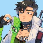  1boy apex_legends bangs black_eyes black_gloves black_hair black_shirt collarbone crypto_(apex_legends) gloves green_vest holding husagin jacket jewelry keychain male_focus necklace partially_fingerless_gloves portrait shirt solo vest white_jacket 