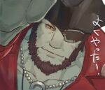 1boy bara beard black_hair character_request check_character closed_mouth eyepatch facial_hair final_fantasy final_fantasy_xiv hat looking_at_viewer male_focus mature_male muscular muscular_male roegadyn smile solo uori 