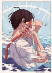  0tiyo 1boy artist_name bird blue_sky brown_hair cloud commentary_request highres holding holding_hose hose ligne_claire male_focus mountain original shirt short_hair short_sleeves sky upper_body water white_shirt 