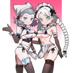  2girls absurdres ahoge alternate_costume apron bare_shoulders bikini black_legwear blue_eyes braid breast_press breasts commission commissioner_upload cosplay cuffs detached_collar elbow_gloves fire_emblem fire_emblem_fates frilled_gloves frills garter_straps gloves grey_eyes grey_hair head_scarf highres looking_at_viewer maid maid_apron maid_bikini maid_headdress medium_breasts medium_hair midriff multiple_girls nina_(fire_emblem) pantyhose saaal653 sophie_(fire_emblem) string_bikini swimsuit thetis_(last_origin) thetis_(last_origin)_(cosplay) thighhighs twin_braids undine_(last_origin) undine_(last_origin)_(cosplay) upper_body waist_apron white_hair 