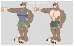  2021 abs alternate_costume anthro bandage bandaged_hand big_biceps big_feet big_pecs black_nose blue_clothing blue_shirt blue_tank_top blue_topwear bottomwear brown_body brown_fur clothed clothing fake_horns feet fur green_bottomwear green_clothing green_shorts hat headgear headwear hi_res lucha_libre_mask male mammal mask mospy_(artist) multiple_images muscular muscular_anthro muscular_male mustela mustelid musteline pecs shirt shorts simple_background solo sports_mask sportswear standing tank_top topless topless_anthro topless_male topwear true_musteline vrag_borstov wrestling_mask 