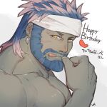  1boy avatar_(ff14) bara beard blue_hair commentary_request earrings facial_hair final_fantasy final_fantasy_xiv jewelry looking_at_viewer male_focus mature_male muscular muscular_male roegadyn solo tongue tongue_out translation_request uori yellow_eyes 