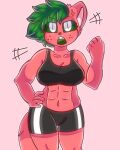  abs angry anthro big_breasts black_bottomwear black_bra black_clothing black_shorts black_underwear bottomwear bra breasts clothing cross-popping_vein domestic_cat felid feline felis female fist freckles fur green_hair green_mouth green_nose green_sclera green_tongue hair hand_on_hip mammal muscular muscular_anthro muscular_female navel open_mouth pink_background raised_arm raised_fist red_body red_fur sharp_teeth shorts simple_background solo sports_bra teeth tongue underwear watermelon_(watermelonthecat) watermelonthecat white_eyes 