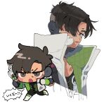  1boy apex_legends black_eyes black_gloves black_hair black_pants black_shirt chibi chibi_inset crypto_(apex_legends) drone fingerless_gloves gloves green_vest hack_(apex_legends) hair_over_one_eye holding husagin jacket one_eye_covered pants parted_hair partially_fingerless_gloves shirt smile v-shaped_eyebrows vest white_background white_jacket 