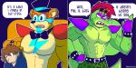  absurd_res alligator alligatorid anthro bow_tie clothing crocodilian dialogue digital_media_(artwork) ear_piercing english_text eyewear five_nights_at_freddy&#039;s five_nights_at_freddy&#039;s:_security_breach fizzyjay glamrock_freddy_(fnaf) gregory_(fnaf) group hair hat headgear headwear hi_res human humor male mammal mohawk montgomery_gator_(fnaf) muscular piercing reptile scalie scottgames simple_background speech_bubble text top_hat ursid video_games young 