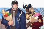  2boys bara beard blonde_hair blue_eyes blue_hair character_request check_character commentary_request facial_hair final_fantasy final_fantasy_xiv green_eyes heterochromia holding horns lion_boy long_sleeves male_focus mature_male multiple_boys muscular muscular_male uori 