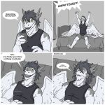  absurd_res anthro bed bottomwear clei clothing comic dragon english_text feathered_dragon feathered_wings feathers furniture greyscale hair hi_res male monochrome nameless00 pillow shirt shorts solo speech_bubble tank_top text topwear windragon wings 