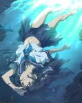  1girl air_bubble barefoot black_eyes black_hair bubble commentary_request fish freediving from_below grin long_hair midriff navel original revision school_uniform serafuku skirt smile solo sunlight swimming toromimi underwater upside-down 